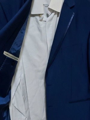 Groom suit Large blue, worn once with jacket, vest, shirt, pants, 2 ties and bow tie