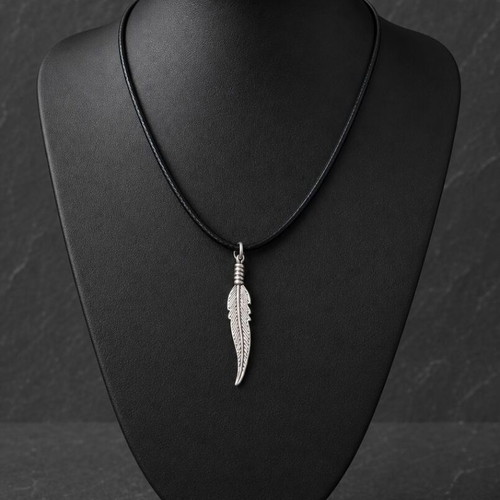 Necklace with feather protection symbol, new, silver color