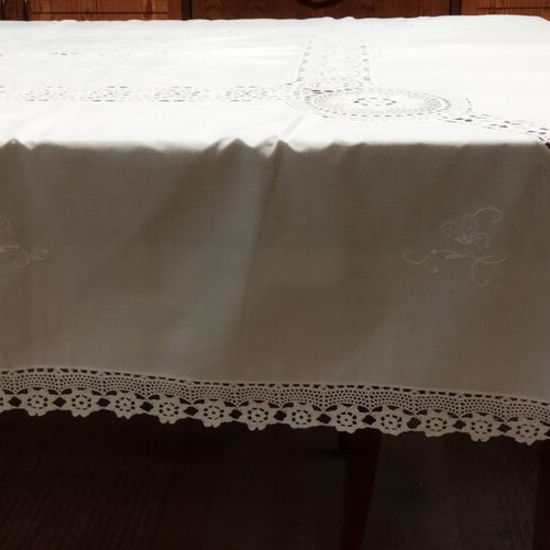 Linen tablecloth with lace and embroidery, unused, 2x1.60 with 6 napkins