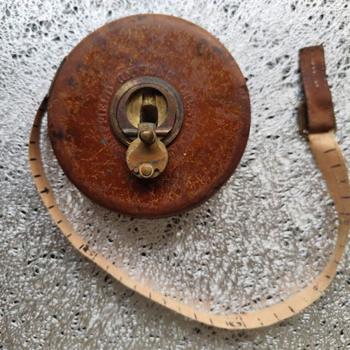 Vintage leather and brass engineer cognac tape measure James Chesterman & Co. used