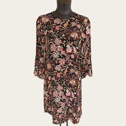 H&M floral mini dress black with bell sleeves, used, size M