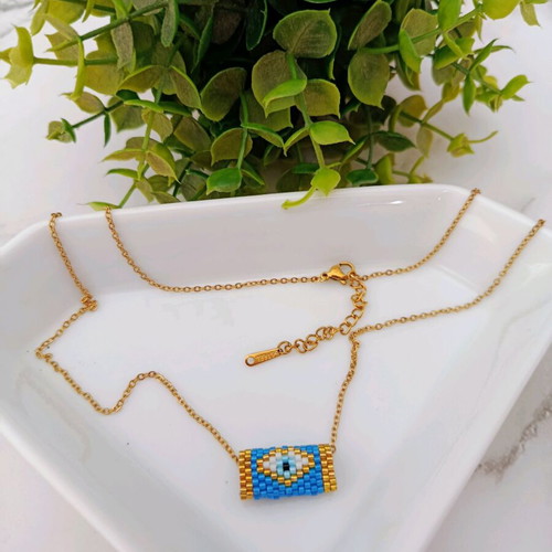 Handmade Miyuki evil eye necklace with gold-plated steel chain