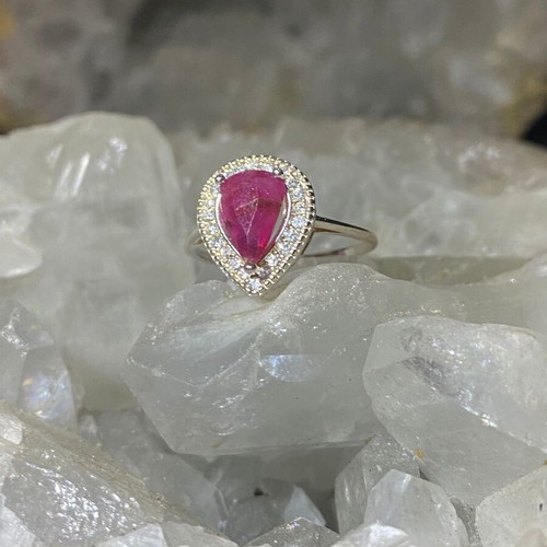 Silver ring with natural ruby and moissanites, new