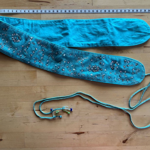 Blue fabric belt with rhinestones used, adjustable