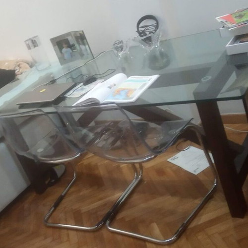 Glass dining table with wooden base 200x90 cm