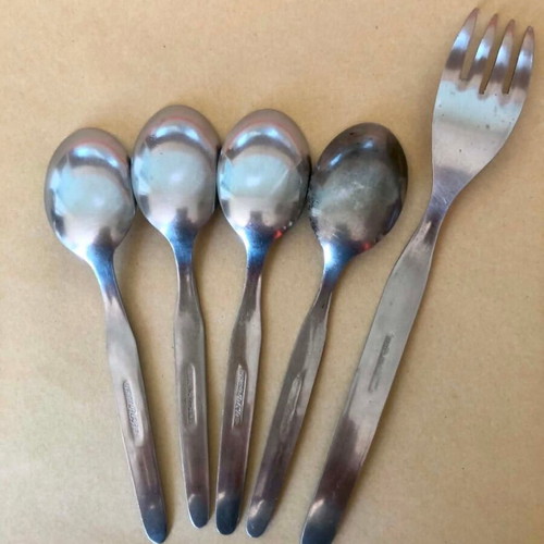 Vintage Olympic Airways cutlery set used, stainless steel, 4 spoons 1 fork