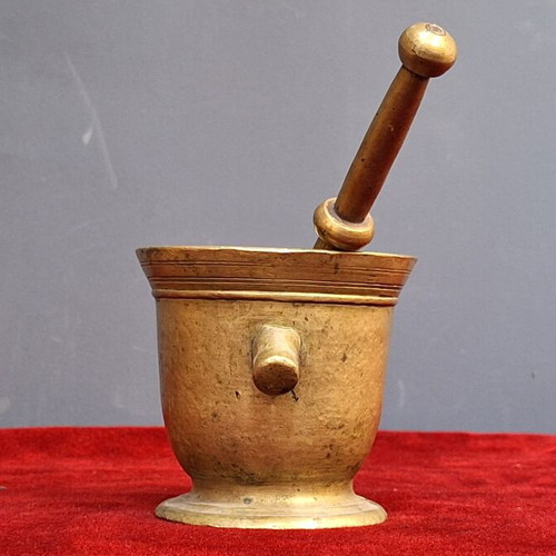 Bronze mortar used, rare monastery piece with engraved decoration