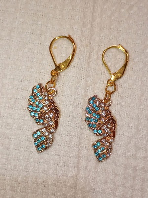 Angel Wings Earrings new with blue zirconia and yellow gold plating