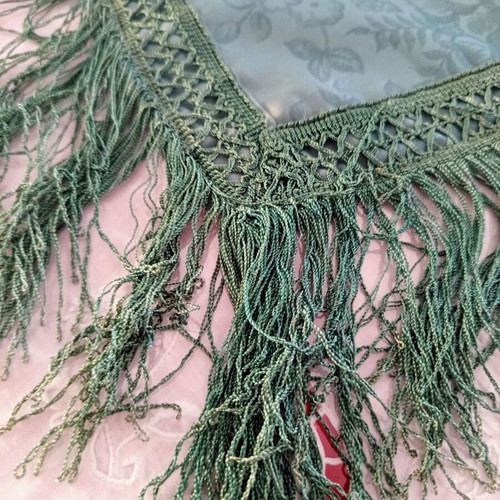 Vintage large petrol tablecloth with fringes and floral pattern used