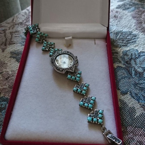 Silver women's watch 925 with turquoise and marcasite new