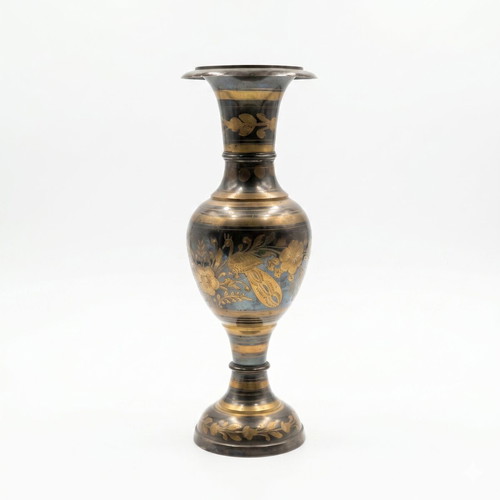Vintage Handmade Brass Vase Moradabad with Black Enamel 30 cm