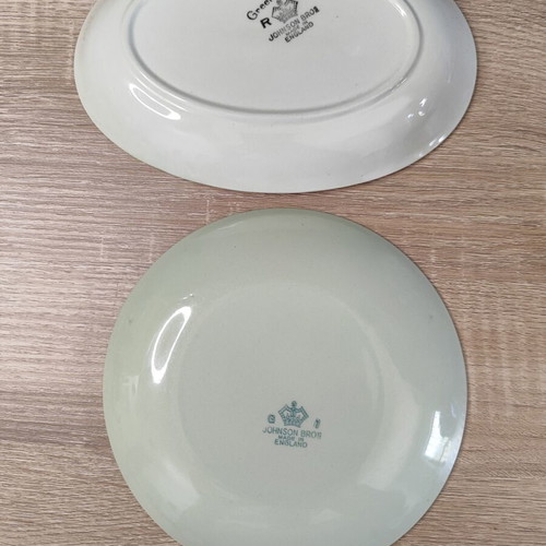 Vintage Johnson Bros Green Cloud plates used, set of two