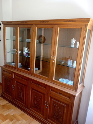 Carved wooden living room unit, handmade, Limba wood