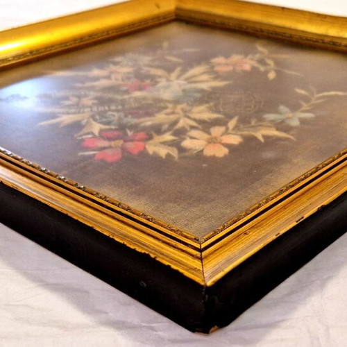 Handmade embroidery on velvet with gold thread, vintage diamond frame