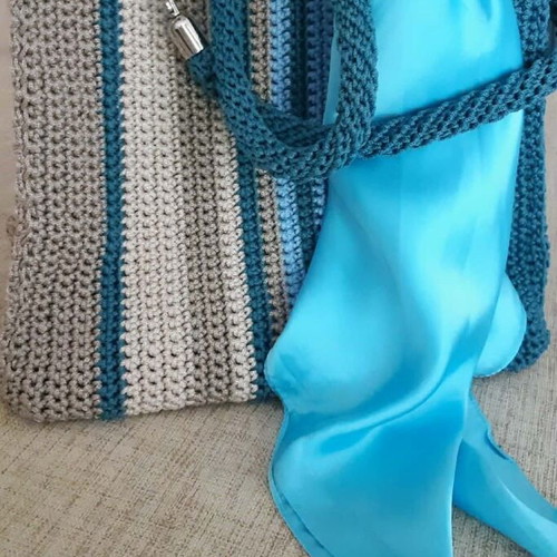 Santorini Breeze Handmade Knitted Shoulder Bag new, beige and blue