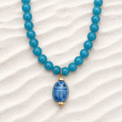 Handmade steel necklace with amazonite and scarab pendant new, turquoise and gold