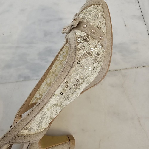 Tulipano women's peep-toe sandals used, size 38, beige with lace and sequins