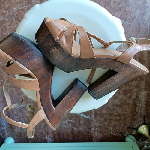 High Heeled Platform Sandals used, size 39, beige