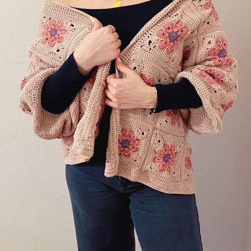 Knitted cardigan handmade new, grannysquare pink and purple