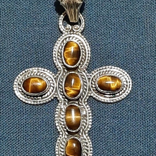 Silver 925 cross with tiger eye semi-precious stones, new