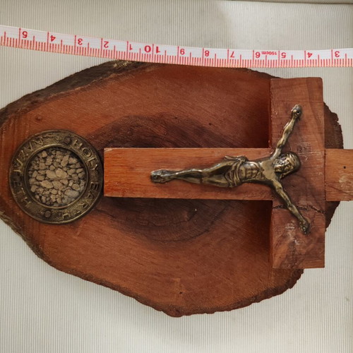 Vintage wall crucifix made of olive wood with Holy Land soil and dedication