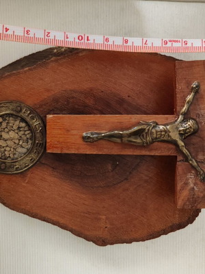 Vintage wall crucifix made of olive wood with Holy Land soil and dedication