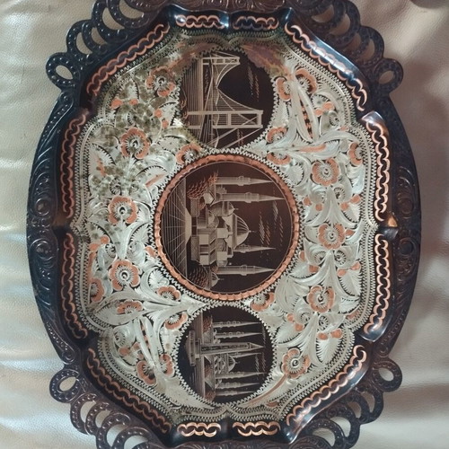Copper serving tray used with Istanbul landmarks and floral designs