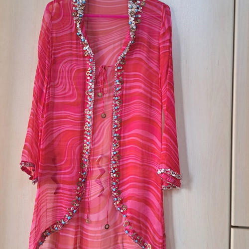 Women's caftan new, fuchsia-pink muslin with sequins and stones