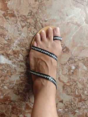 Women's black sandals with rhinestones, new, leather insole