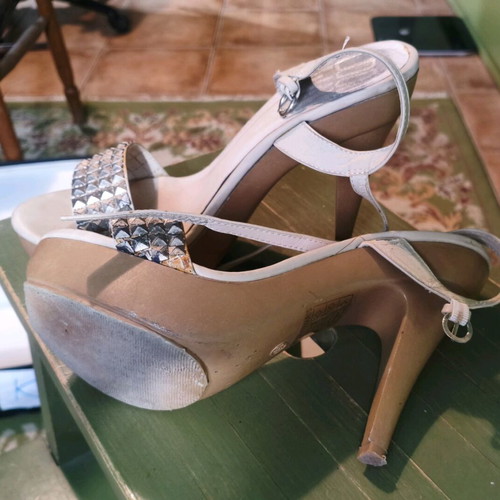 High-heeled sandals used, size 41, beige with silver design