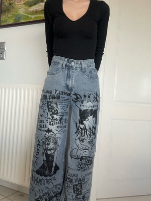 Дънки Shein с аниме мотиви, широки крачоли, като нови, сини, XS