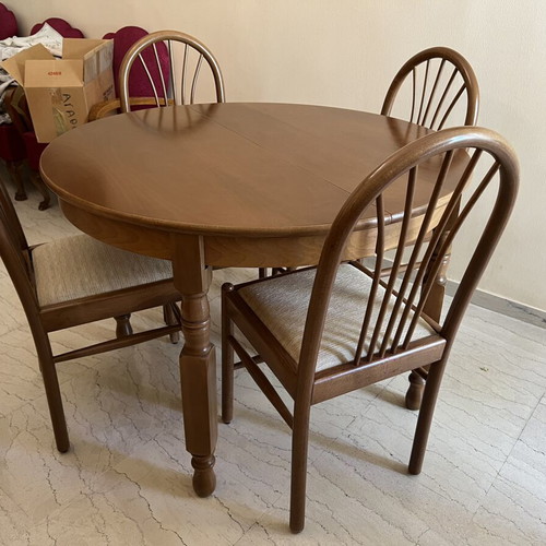 Wooden dining set beech round table 110cm with extension and 6 chairs like new