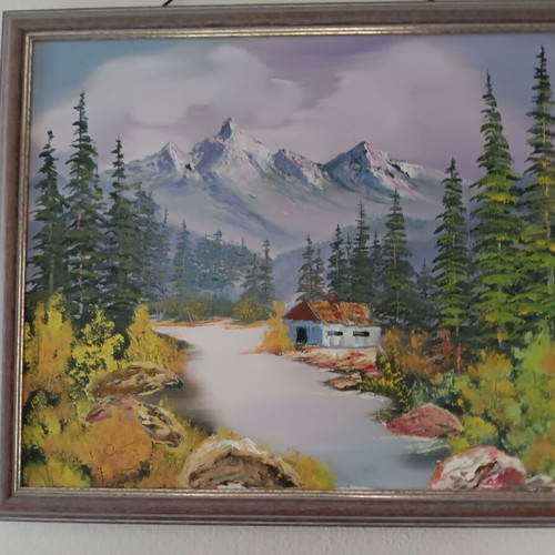 Wall decor painting like new with house in forest