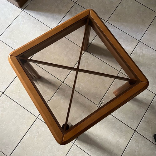 Coffee tables set used, 3 pieces with glass and wood