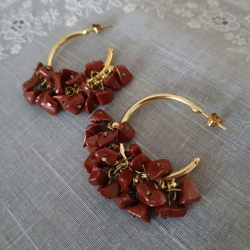 Hoop earrings gold plated like new with red jasper stones