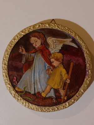 Διακοσμητικό επιτοίχιο στρογγυλό καδράκι με φύλακα άγγελο μεταχειρισμένο