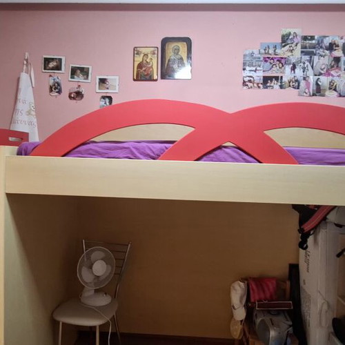 Bunk bed with stairs and storage drawers, beige with red and green