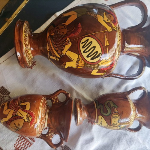 Handmade painted amphorae used, set of 3 pieces