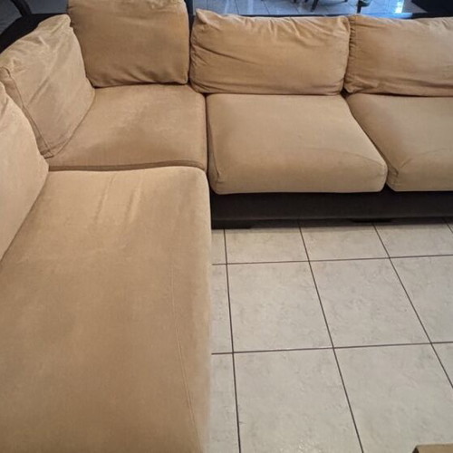 Reversible corner sofa like new, leather and fabric cushions, 2.80x1.90 m