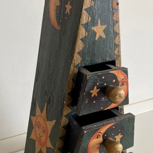 Wooden Pyramid Chest of Drawers used with Hand-Painted Sun Moon Stars