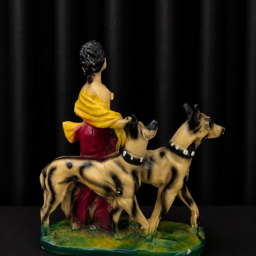 Vintage porcelain statue woman with dogs used decorative