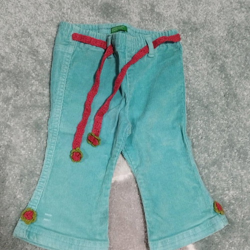 Benetton corduroy baby pants like new, girl, blue with knitted flowers