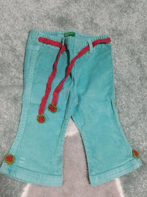 Benetton corduroy baby pants like new, girl, blue with knitted flowers