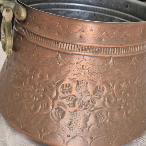 Copper forged cauldron used, antique with embossed designs