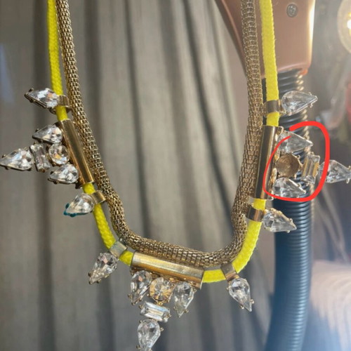 Neon necklace used with yellow strap and gold metal stones