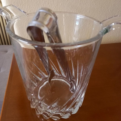 Vintage glass ice bucket with embossed design and metal tongs like new