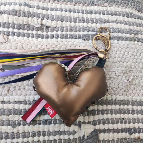 Keychain large heart with sequins, rhinestones and ribbons new, beige gold