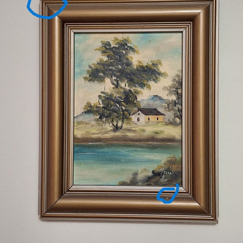 Vintage wall frame with house by the river painting on canvas