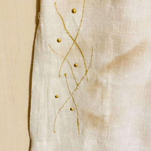 Mariluna Linen Long Dress New, White with Gold-Brown Details