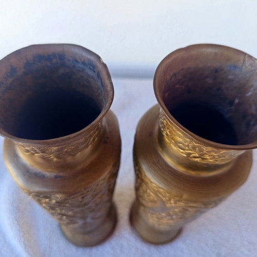 Set of 2 brass vases with handmade engraved decoration, 25 cm